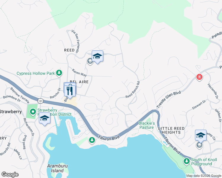 map of restaurants, bars, coffee shops, grocery stores, and more near 9 Cecilia Court in Tiburon
