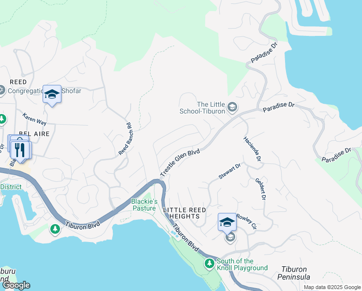 map of restaurants, bars, coffee shops, grocery stores, and more near 25 Juno Road in Tiburon