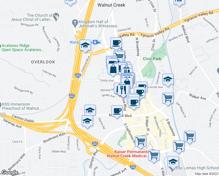 map of restaurants, bars, coffee shops, grocery stores, and more near 1770 Almond Avenue in Walnut Creek