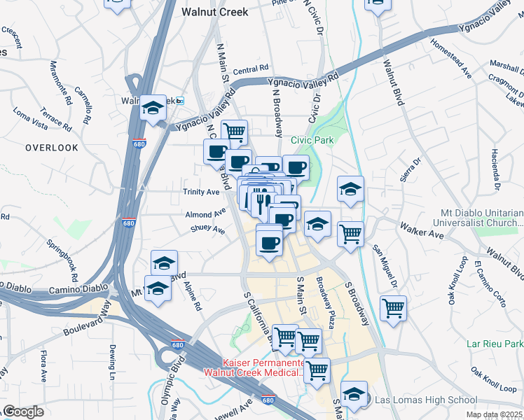 map of restaurants, bars, coffee shops, grocery stores, and more near 1548 Locust Street in Walnut Creek