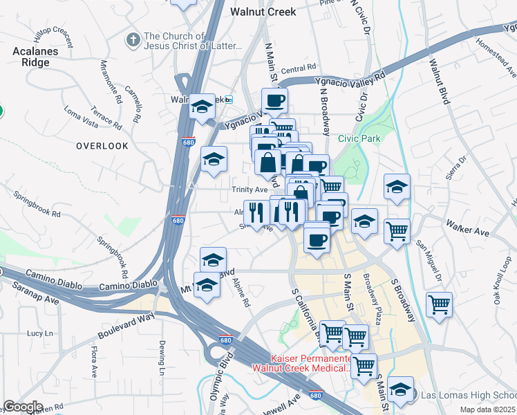 map of restaurants, bars, coffee shops, grocery stores, and more near 1770 Almond Avenue in Walnut Creek
