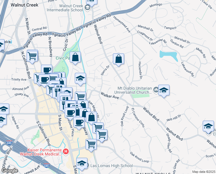map of restaurants, bars, coffee shops, grocery stores, and more near 182 Sierra Drive in Walnut Creek