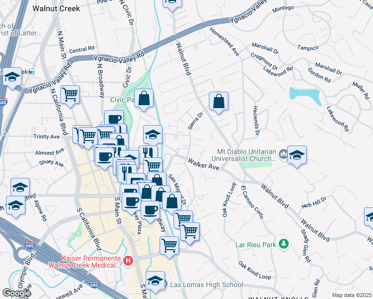map of restaurants, bars, coffee shops, grocery stores, and more near 182 Sierra Drive in Walnut Creek