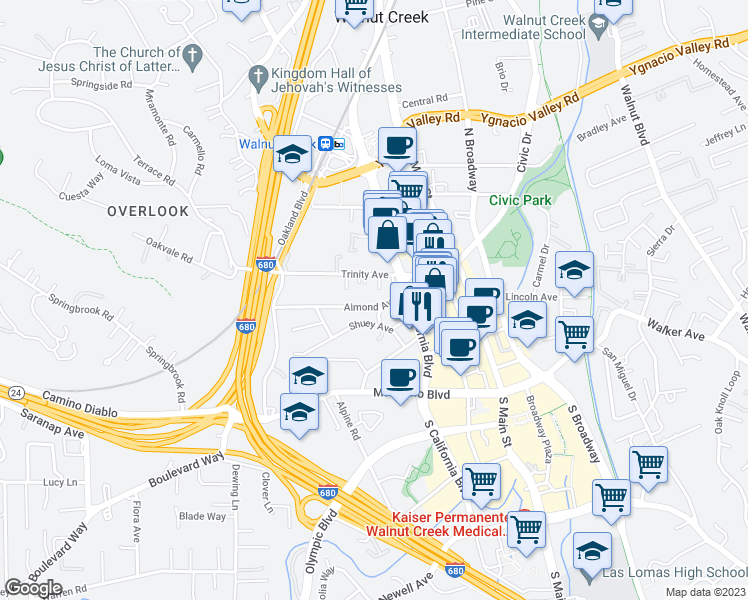 map of restaurants, bars, coffee shops, grocery stores, and more near 1770 Almond Avenue in Walnut Creek