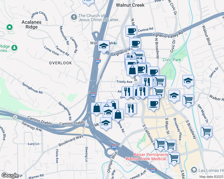 map of restaurants, bars, coffee shops, grocery stores, and more near 1914 Almond Avenue in Walnut Creek