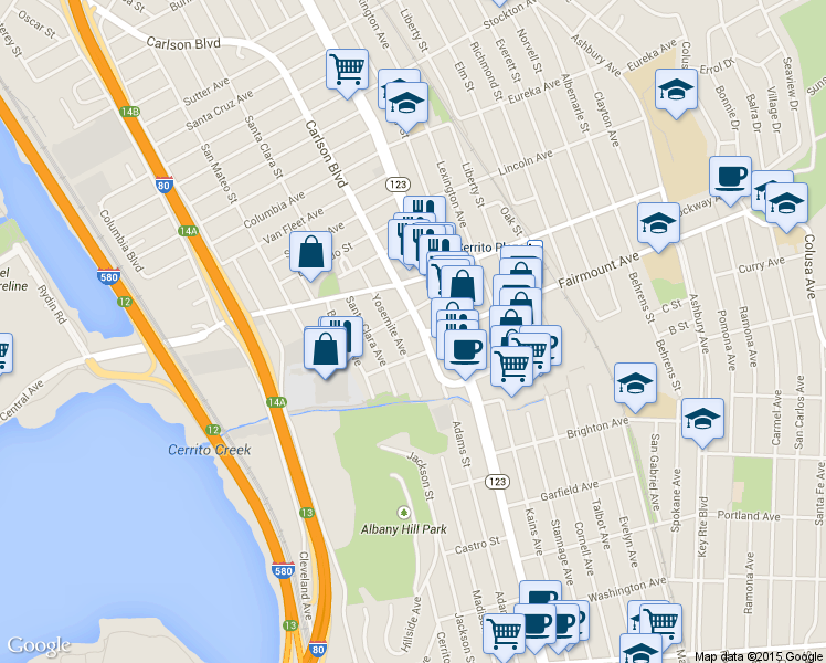 map of restaurants, bars, coffee shops, grocery stores, and more near 3325 Carlson Boulevard in El Cerrito