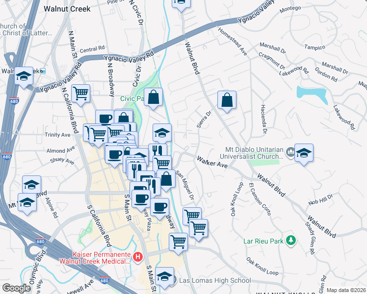 map of restaurants, bars, coffee shops, grocery stores, and more near 1240 Walker Avenue in Walnut Creek