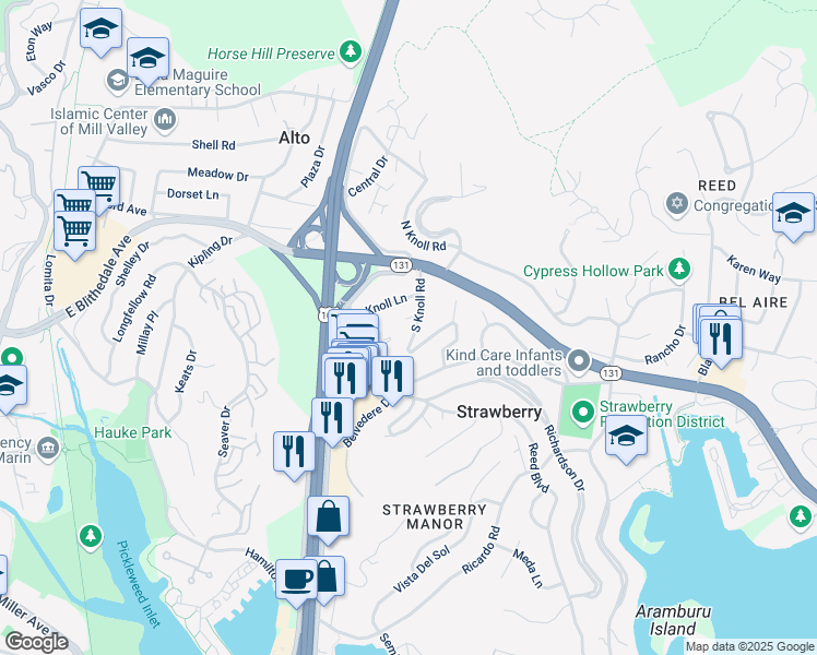 map of restaurants, bars, coffee shops, grocery stores, and more near 24 South Knoll Road in Mill Valley