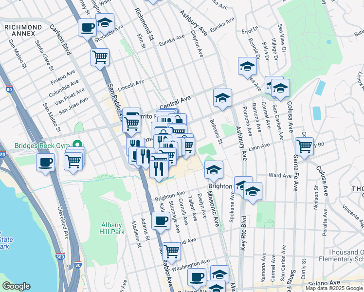 map of restaurants, bars, coffee shops, grocery stores, and more near 1000 El Cerrito Plaza in El Cerrito