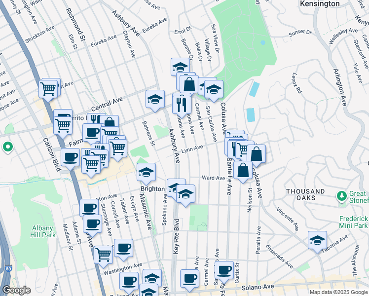 map of restaurants, bars, coffee shops, grocery stores, and more near 203 Pomona Avenue in El Cerrito