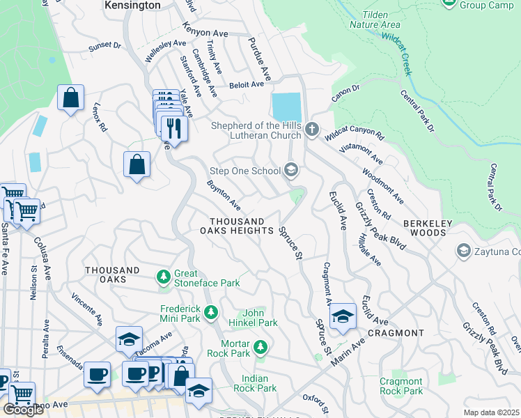 map of restaurants, bars, coffee shops, grocery stores, and more near 74 Florida Avenue in Berkeley