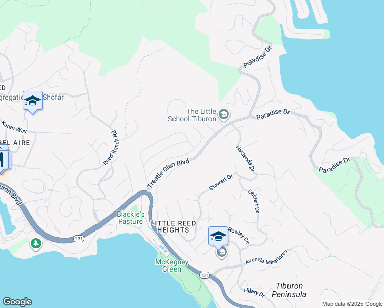 map of restaurants, bars, coffee shops, grocery stores, and more near 36 Juno Road in Tiburon