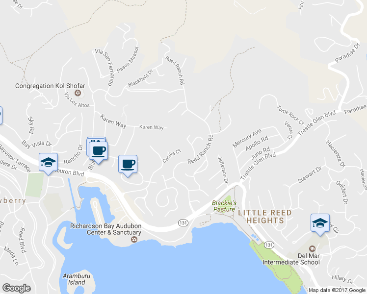 map of restaurants, bars, coffee shops, grocery stores, and more near 23 Cecilia Court in Tiburon