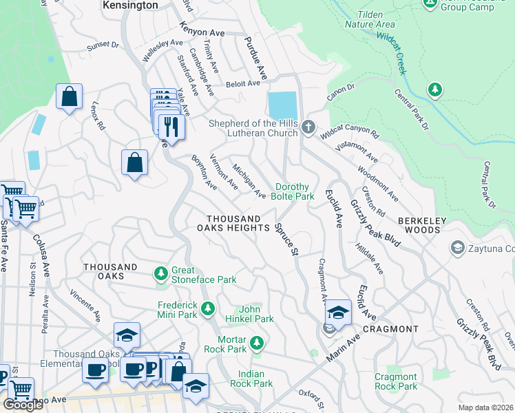 map of restaurants, bars, coffee shops, grocery stores, and more near 74 Florida Avenue in Berkeley