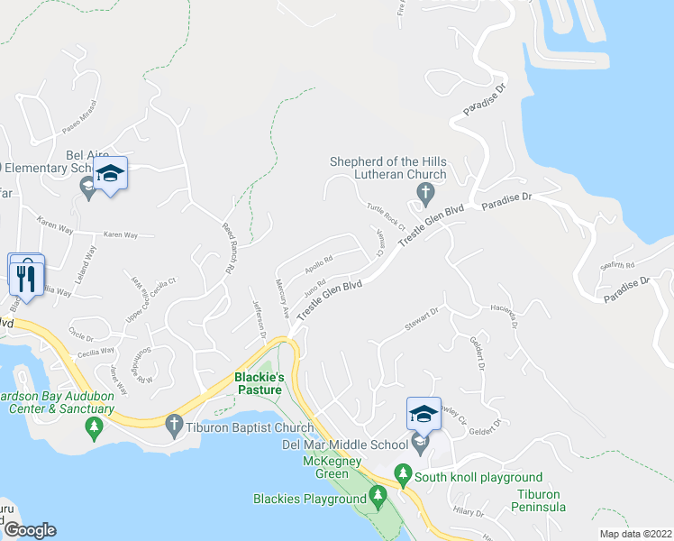 map of restaurants, bars, coffee shops, grocery stores, and more near 25 Juno Road in Tiburon