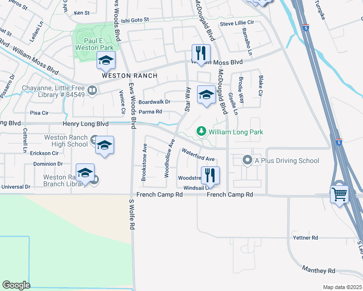 map of restaurants, bars, coffee shops, grocery stores, and more near 959 Waterford Avenue in Stockton