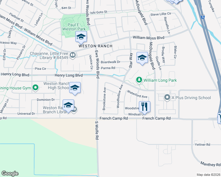 map of restaurants, bars, coffee shops, grocery stores, and more near 4702 Brookstone Avenue in Stockton