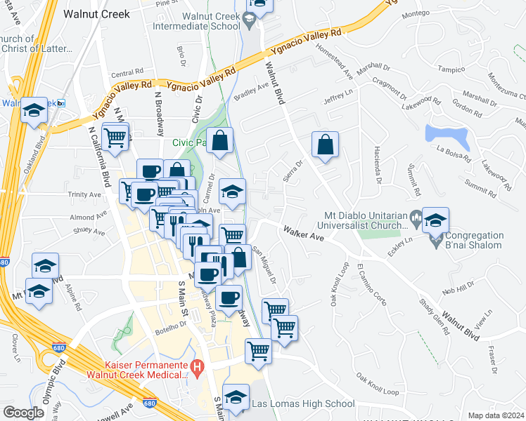 map of restaurants, bars, coffee shops, grocery stores, and more near 1240 Walker Avenue in Walnut Creek