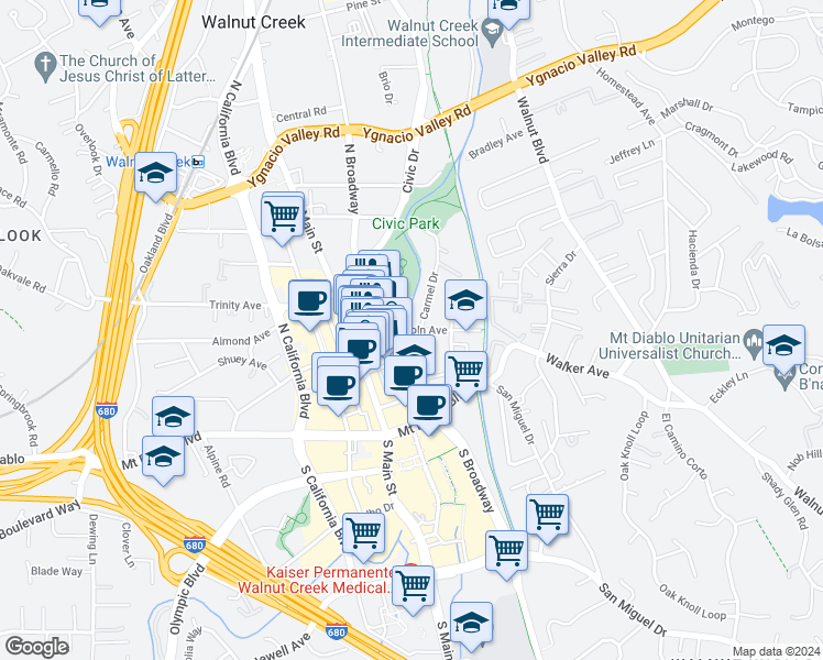 map of restaurants, bars, coffee shops, grocery stores, and more near 1151 Lincoln Avenue in Walnut Creek