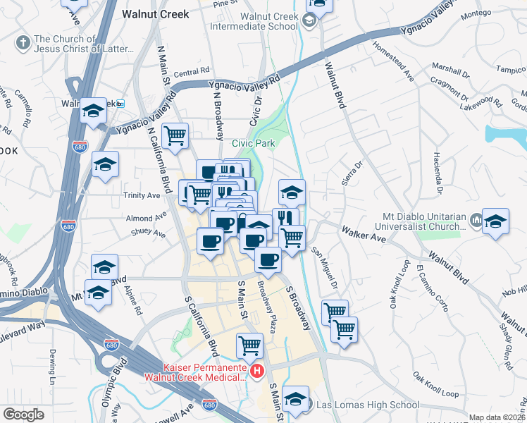 map of restaurants, bars, coffee shops, grocery stores, and more near Lincoln Ave & Carmel Dr in Walnut Creek