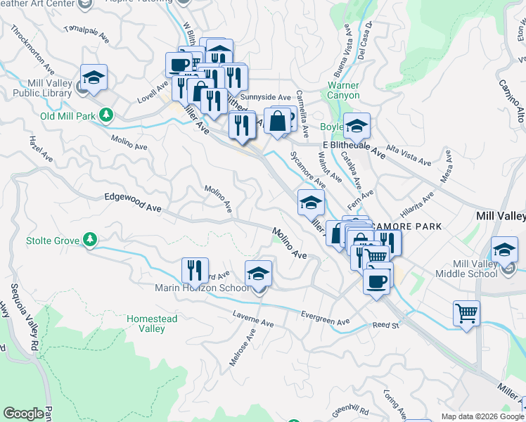 map of restaurants, bars, coffee shops, grocery stores, and more near 367 Molino Avenue in Mill Valley