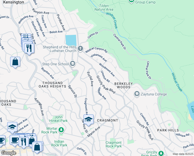 map of restaurants, bars, coffee shops, grocery stores, and more near 620 Grizzly Peak Boulevard in Berkeley