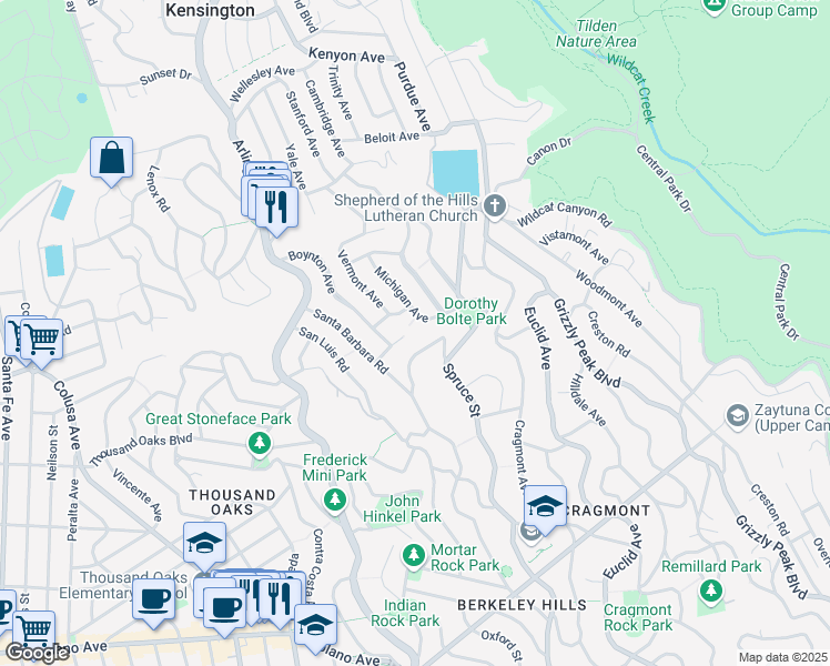 map of restaurants, bars, coffee shops, grocery stores, and more near 74 Florida Avenue in Berkeley