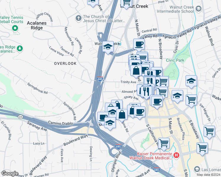 map of restaurants, bars, coffee shops, grocery stores, and more near 1924 Almond Avenue in Walnut Creek