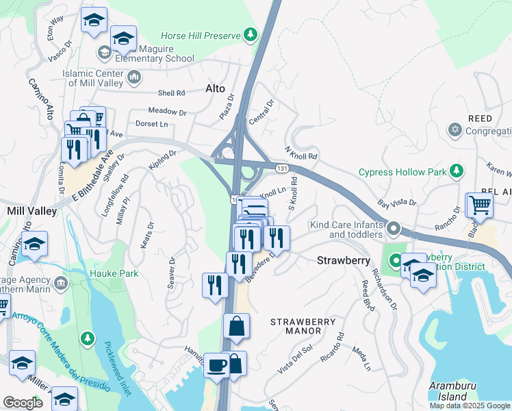 map of restaurants, bars, coffee shops, grocery stores, and more near 37 Reed Boulevard in Mill Valley
