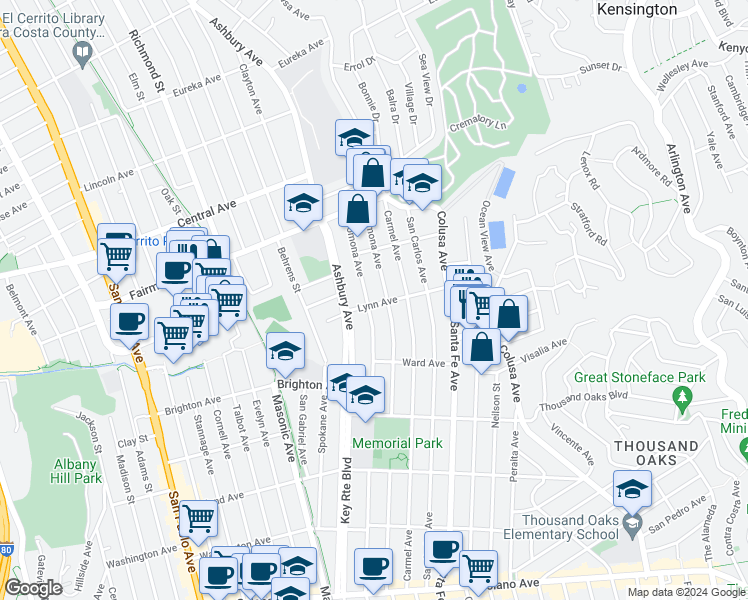 map of restaurants, bars, coffee shops, grocery stores, and more near 200 Pomona Avenue in El Cerrito
