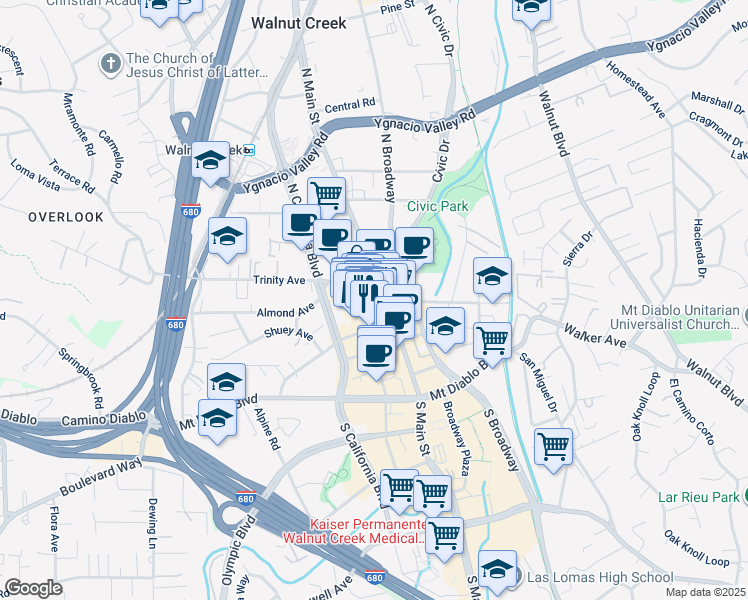 map of restaurants, bars, coffee shops, grocery stores, and more near 1548 Locust Street in Walnut Creek