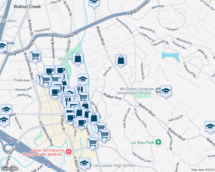 map of restaurants, bars, coffee shops, grocery stores, and more near 182 Sierra Drive in Walnut Creek