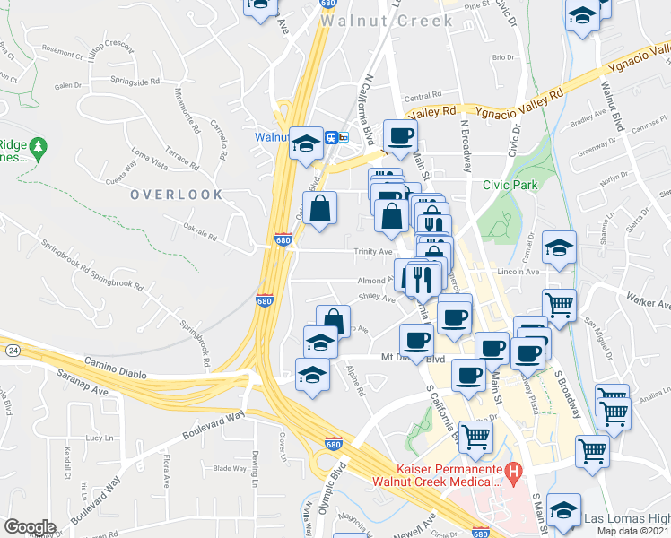 map of restaurants, bars, coffee shops, grocery stores, and more near 1848 Almond Avenue in Walnut Creek