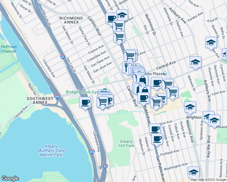 map of restaurants, bars, coffee shops, grocery stores, and more near 5812 San Diego Street in El Cerrito