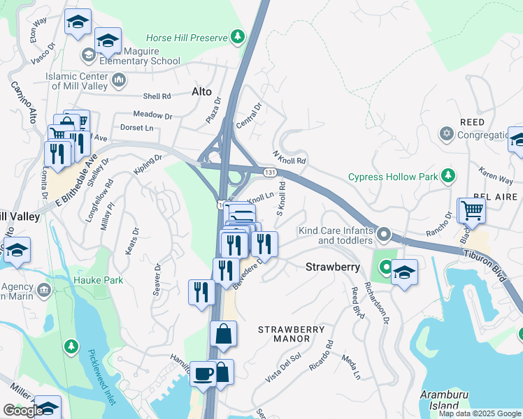 map of restaurants, bars, coffee shops, grocery stores, and more near 31 Reed Boulevard in Mill Valley