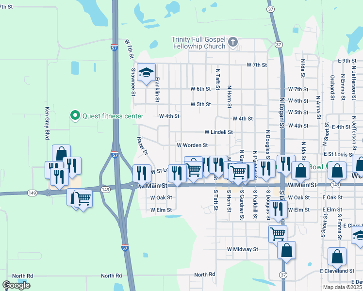 map of restaurants, bars, coffee shops, grocery stores, and more near 298 West Worden Street in West Frankfort