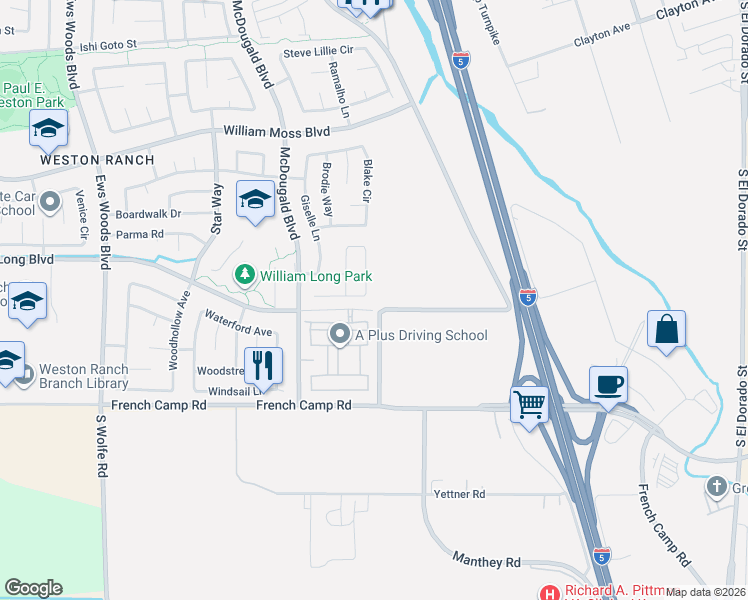 map of restaurants, bars, coffee shops, grocery stores, and more near 4578 Sydney Lane in Stockton