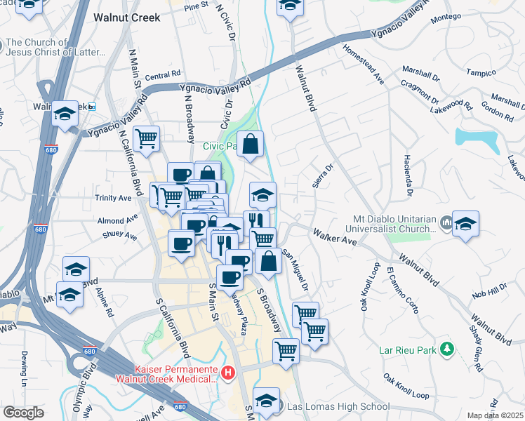 map of restaurants, bars, coffee shops, grocery stores, and more near 1100 Lincoln Avenue in Walnut Creek