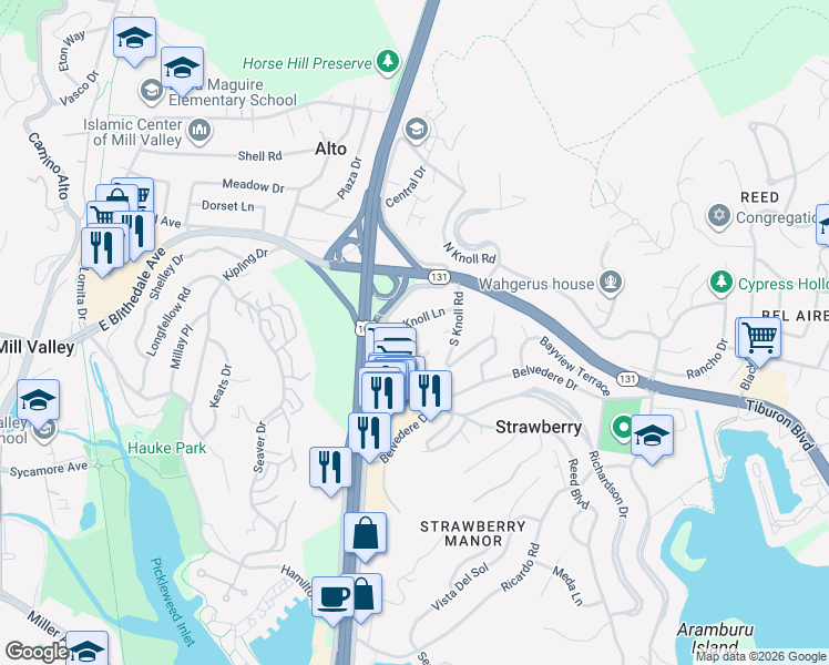 map of restaurants, bars, coffee shops, grocery stores, and more near 31 Reed Boulevard in Mill Valley