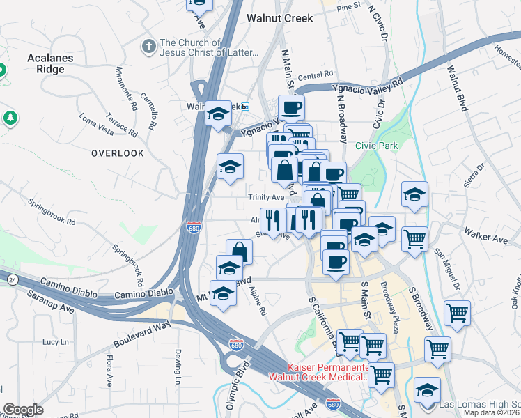 map of restaurants, bars, coffee shops, grocery stores, and more near 1755 Trinity Avenue in Walnut Creek