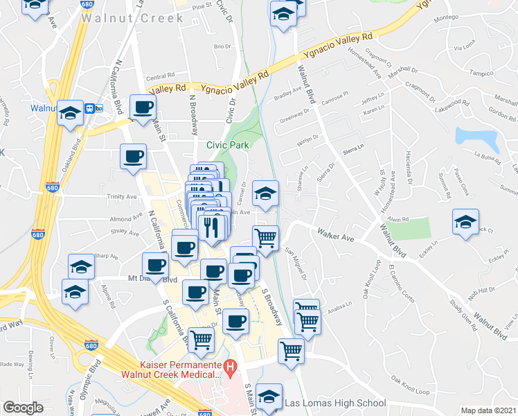 map of restaurants, bars, coffee shops, grocery stores, and more near 1185 Lincoln Avenue in Walnut Creek