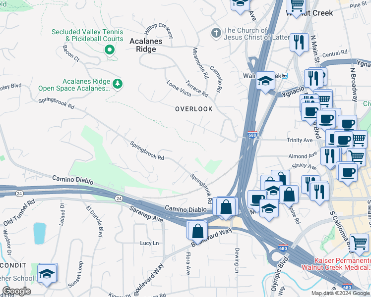 map of restaurants, bars, coffee shops, grocery stores, and more near 1430 Springbrook Road in Walnut Creek