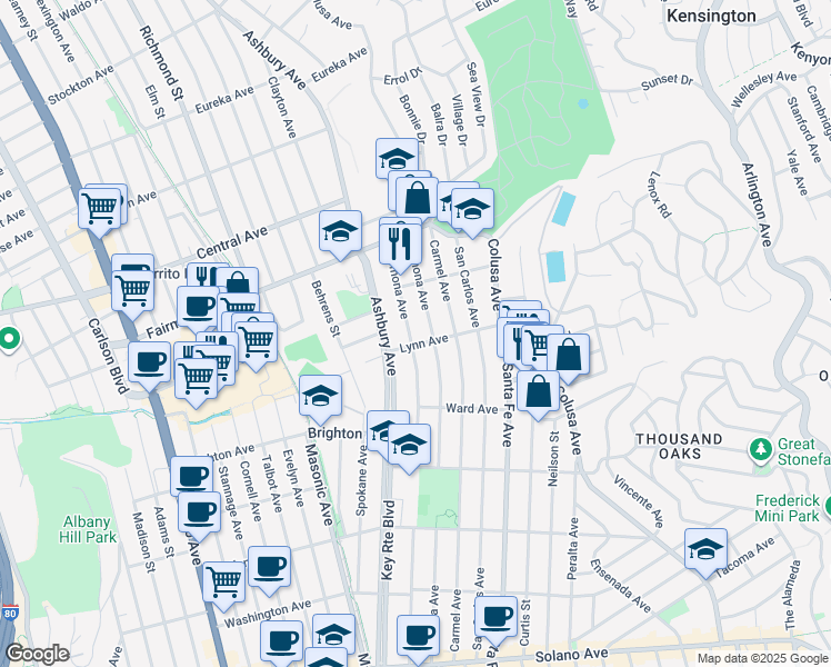 map of restaurants, bars, coffee shops, grocery stores, and more near 203 Pomona Avenue in El Cerrito