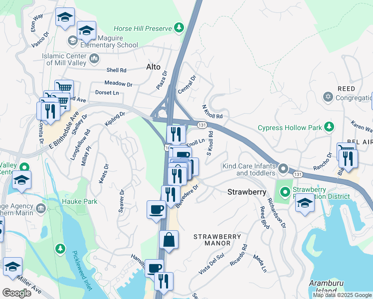 map of restaurants, bars, coffee shops, grocery stores, and more near 31 Reed Boulevard in Mill Valley