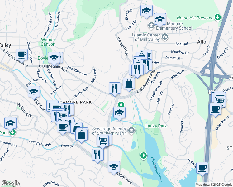 map of restaurants, bars, coffee shops, grocery stores, and more near in Mill Valley