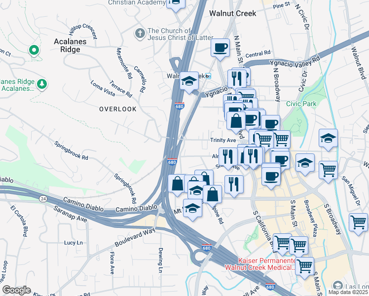 map of restaurants, bars, coffee shops, grocery stores, and more near 1680 Oakland Boulevard in Walnut Creek