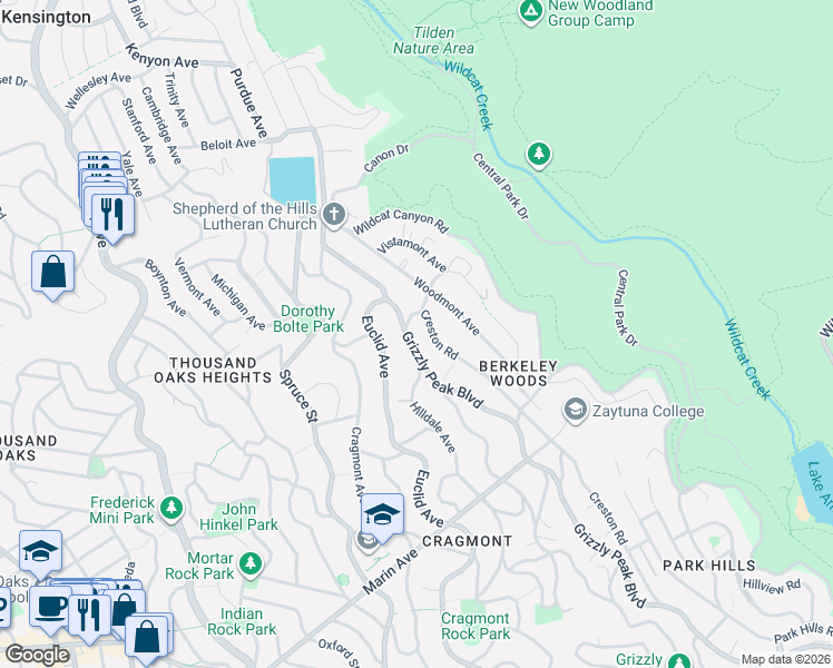 map of restaurants, bars, coffee shops, grocery stores, and more near 617 Grizzly Peak Boulevard in Berkeley