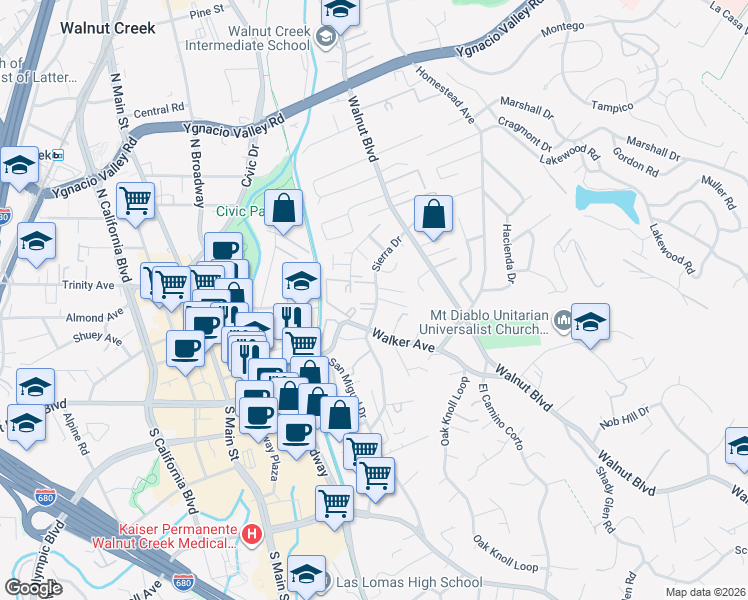 map of restaurants, bars, coffee shops, grocery stores, and more near in Walnut Creek