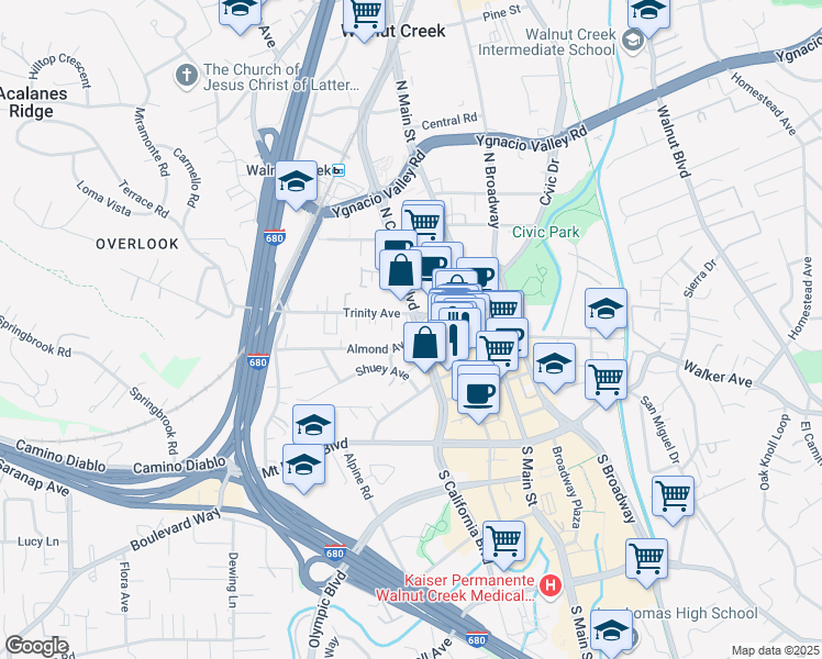 map of restaurants, bars, coffee shops, grocery stores, and more near 1711 Almond Avenue in Walnut Creek