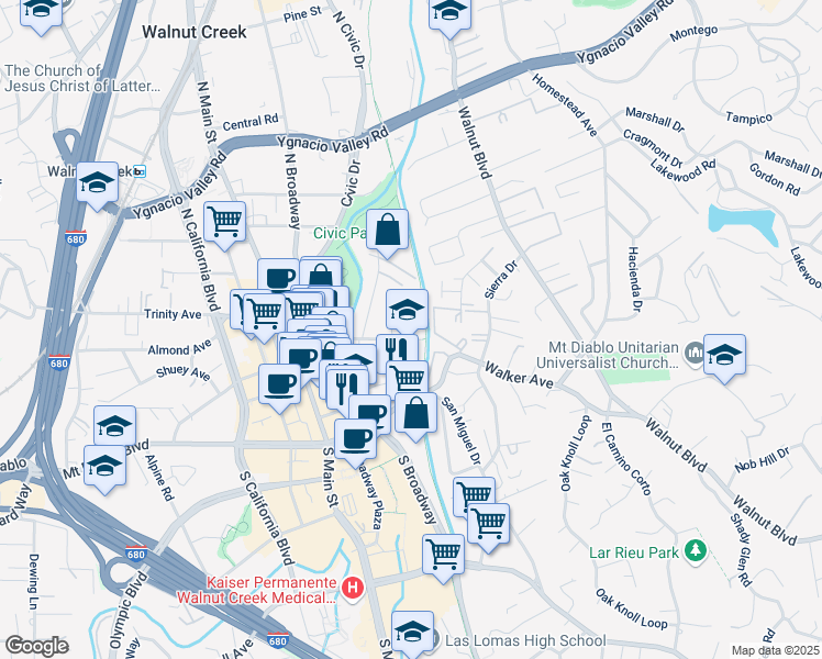 map of restaurants, bars, coffee shops, grocery stores, and more near 132 Village Court in Walnut Creek